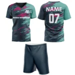 Custom field hockey uniform in teal and pink tones with Adrees Enterprises branding and personalized name and number.