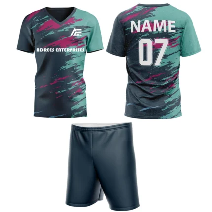 Custom field hockey uniform in teal and pink tones with Adrees Enterprises branding and personalized name and number.