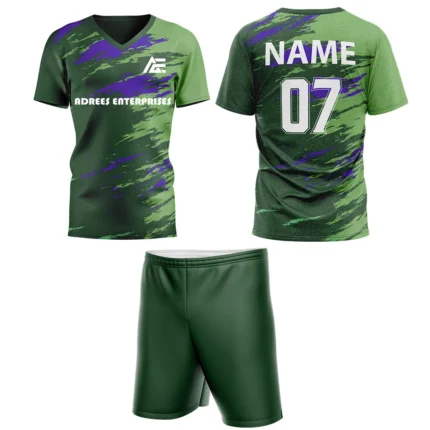 Custom field hockey uniform in green and purple tones with Adrees Enterprises branding and personalized name and number.