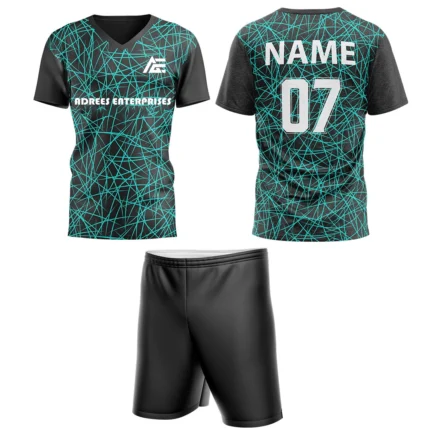 Custom field hockey uniform with teal geometric pattern and Adrees Enterprises branding.