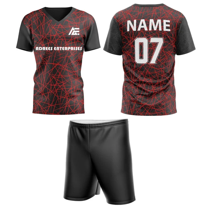 Custom field hockey uniform with red geometric pattern and Adrees Enterprises branding.