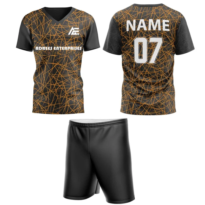 Custom field hockey uniform with orange geometric pattern and Adrees Enterprises branding.