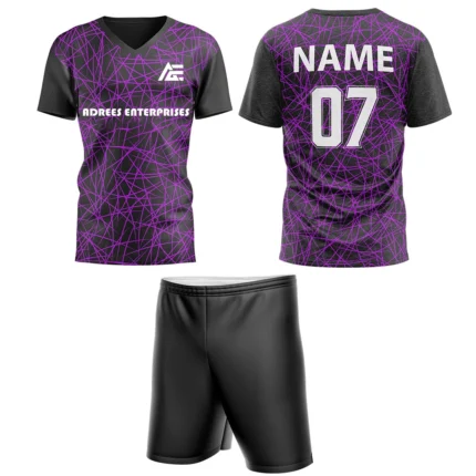 Custom field hockey uniform with purple geometric pattern and Adrees Enterprises branding.