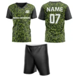 Custom field hockey uniform with green geometric pattern and Adrees Enterprises branding.