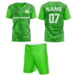 Custom field hockey uniform in bright green with geometric patterns and Adrees Enterprises branding.