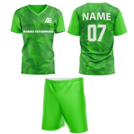 Custom field hockey uniform in bright green with geometric patterns and Adrees Enterprises branding.