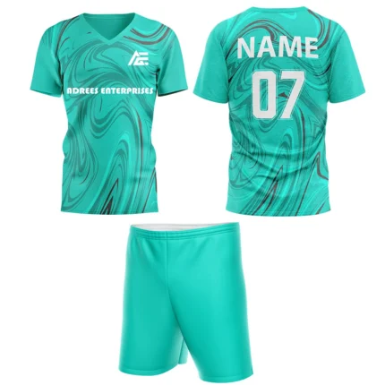 Custom field hockey uniform in teal with swirl patterns and Adrees Enterprises branding.