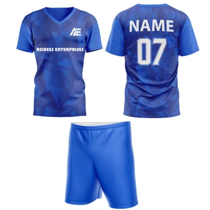 Custom field hockey uniform in deep blue with geometric patterns and Adrees Enterprises branding.