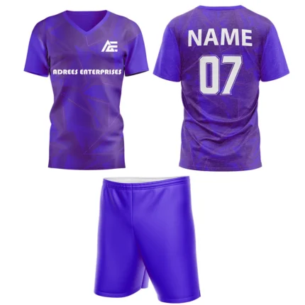 Custom field hockey uniform in bright purple with subtle patterns and Adrees Enterprises branding.