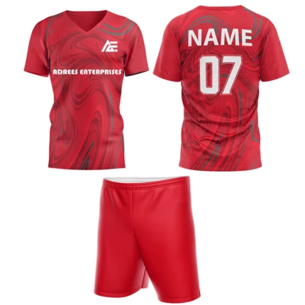 Custom field hockey uniform in vibrant red with swirl patterns and Adrees Enterprises branding.