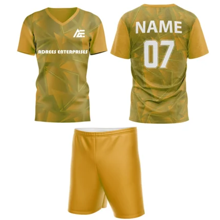 Custom field hockey uniform in golden tones with geometric patterns and Adrees Enterprises branding.