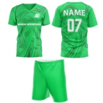Custom field hockey uniform in green with swirl patterns and Adrees Enterprises branding.