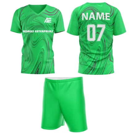 Custom field hockey uniform in green with swirl patterns and Adrees Enterprises branding.