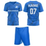 Custom field hockey uniform in blue with swirl patterns and Adrees Enterprises branding.