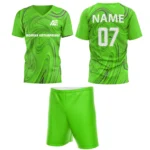 Custom field hockey uniform in vibrant green with swirl patterns and Adrees Enterprises branding.