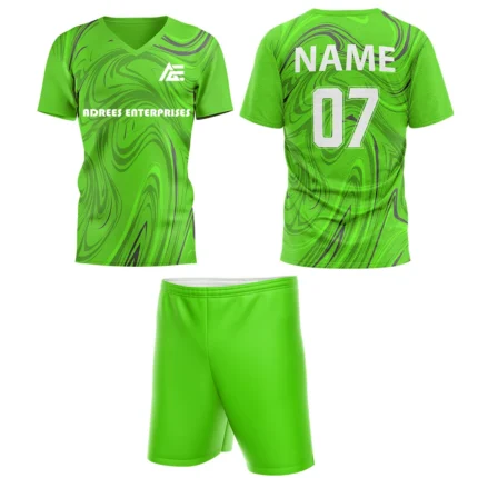 Custom field hockey uniform in vibrant green with swirl patterns and Adrees Enterprises branding.