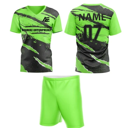 Custom field hockey uniform in neon green with torn graphic design and Adrees Enterprises branding.