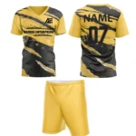Custom field hockey uniform in yellow with torn graphic design and Adrees Enterprises branding.
