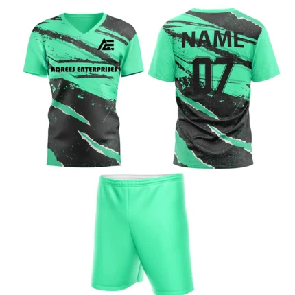 Custom field hockey uniform in teal with torn graphic design and Adrees Enterprises branding.