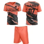 Custom field hockey uniform in orange with torn graphic design and Adrees Enterprises branding.