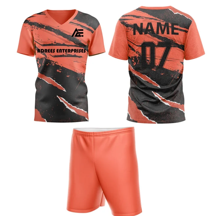 Custom field hockey uniform in orange with torn graphic design and Adrees Enterprises branding.