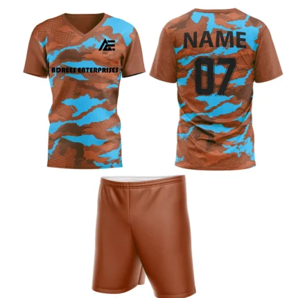 Custom field hockey uniform in brown and blue camouflage with Adrees Enterprises branding.