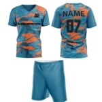 Custom field hockey uniform in teal and orange camouflage with Adrees Enterprises branding.