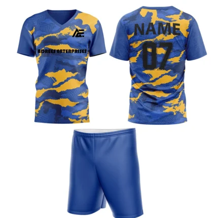 Custom field hockey uniform in blue and yellow camouflage with Adrees Enterprises branding.