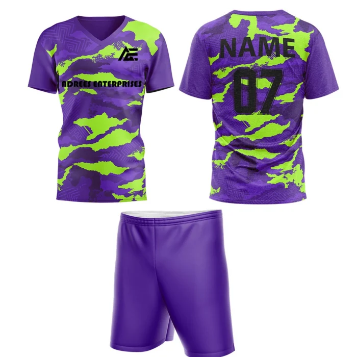 Custom field hockey uniform in purple and green camouflage with Adrees Enterprises branding.