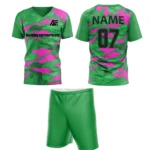 Custom field hockey uniform in green and pink camouflage with Adrees Enterprises branding.
