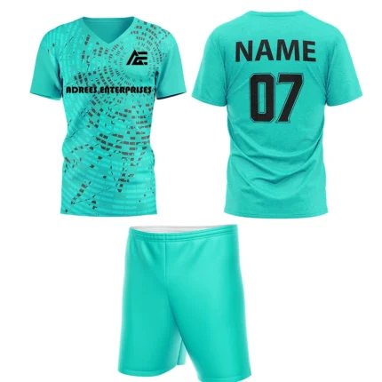 Custom field hockey uniform in teal with Adrees Enterprises branding.