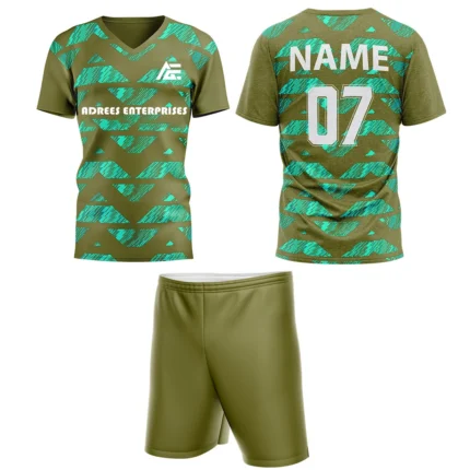 Olive green custom field hockey uniform by Adrees Enterprises, featuring a geometric pattern and customizable back number.