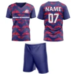 Navy blue custom field hockey uniform by Adrees Enterprises, featuring a geometric pattern and customizable back number.