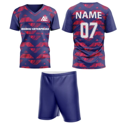 Navy blue custom field hockey uniform by Adrees Enterprises, featuring a geometric pattern and customizable back number.