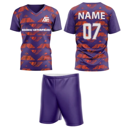 Purple custom field hockey uniform by Adrees Enterprises, featuring a geometric pattern and customizable back number.