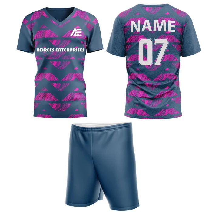 Grayish blue custom field hockey uniform by Adrees Enterprises, featuring a geometric pattern and customizable back number.