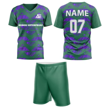 Green custom field hockey uniform by Adrees Enterprises, featuring a geometric pattern and customizable back number.