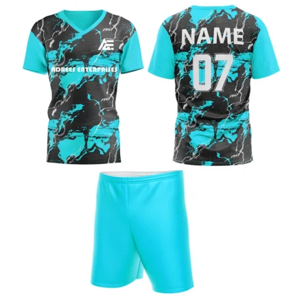 Aqua blue custom field hockey uniform by Adrees Enterprises, featuring a bold abstract pattern and customizable back number.