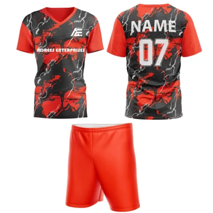 Red custom field hockey uniform by Adrees Enterprises, featuring a bold abstract pattern and customizable back number.
