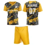 Yellow custom field hockey uniform by Adrees Enterprises, featuring a bold abstract pattern and customizable back number.