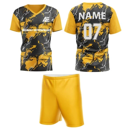 Yellow custom field hockey uniform by Adrees Enterprises, featuring a bold abstract pattern and customizable back number.