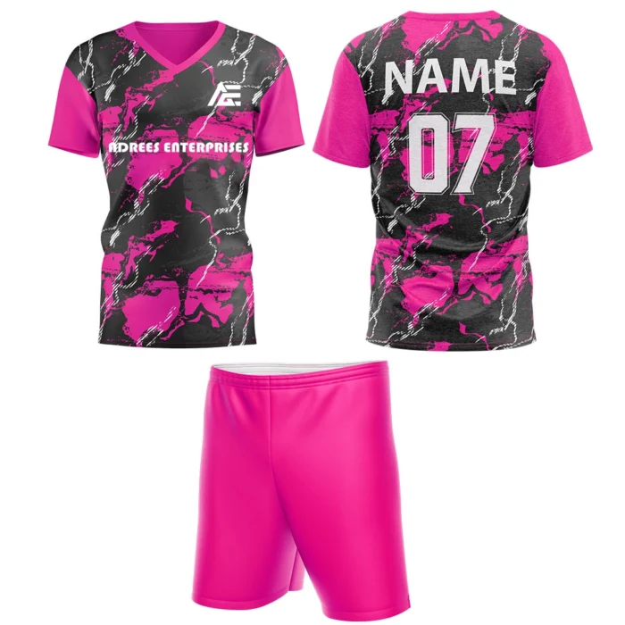 Pink custom field hockey uniform by Adrees Enterprises, featuring a bold abstract pattern and customizable back number.
