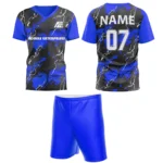 Blue custom field hockey uniform by Adrees Enterprises, featuring a bold abstract pattern and customizable back number.