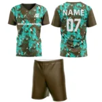 Custom field hockey uniform in green and brown abstract pattern by Adrees Enterprises.