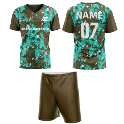Custom field hockey uniform in green and brown abstract pattern by Adrees Enterprises.
