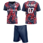 Custom field hockey uniform in red and navy blue abstract pattern by Adrees Enterprises.