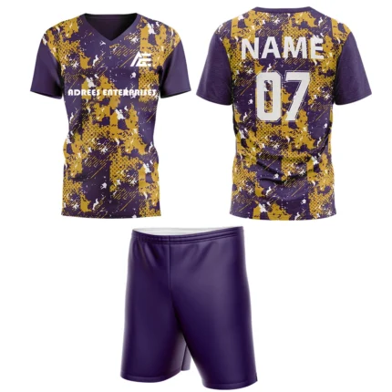Custom field hockey uniform in purple and gold abstract pattern by Adrees Enterprises.