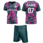 Custom field hockey uniform in pink and dark green abstract pattern by Adrees Enterprises.