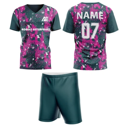 Custom field hockey uniform in pink and dark green abstract pattern by Adrees Enterprises.