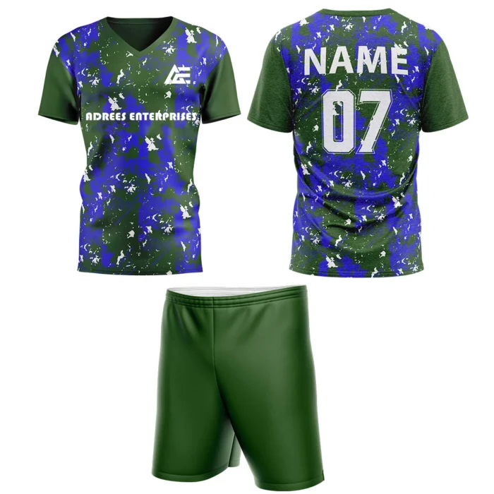 Custom field hockey uniform in green and blue abstract pattern by Adrees Enterprises.